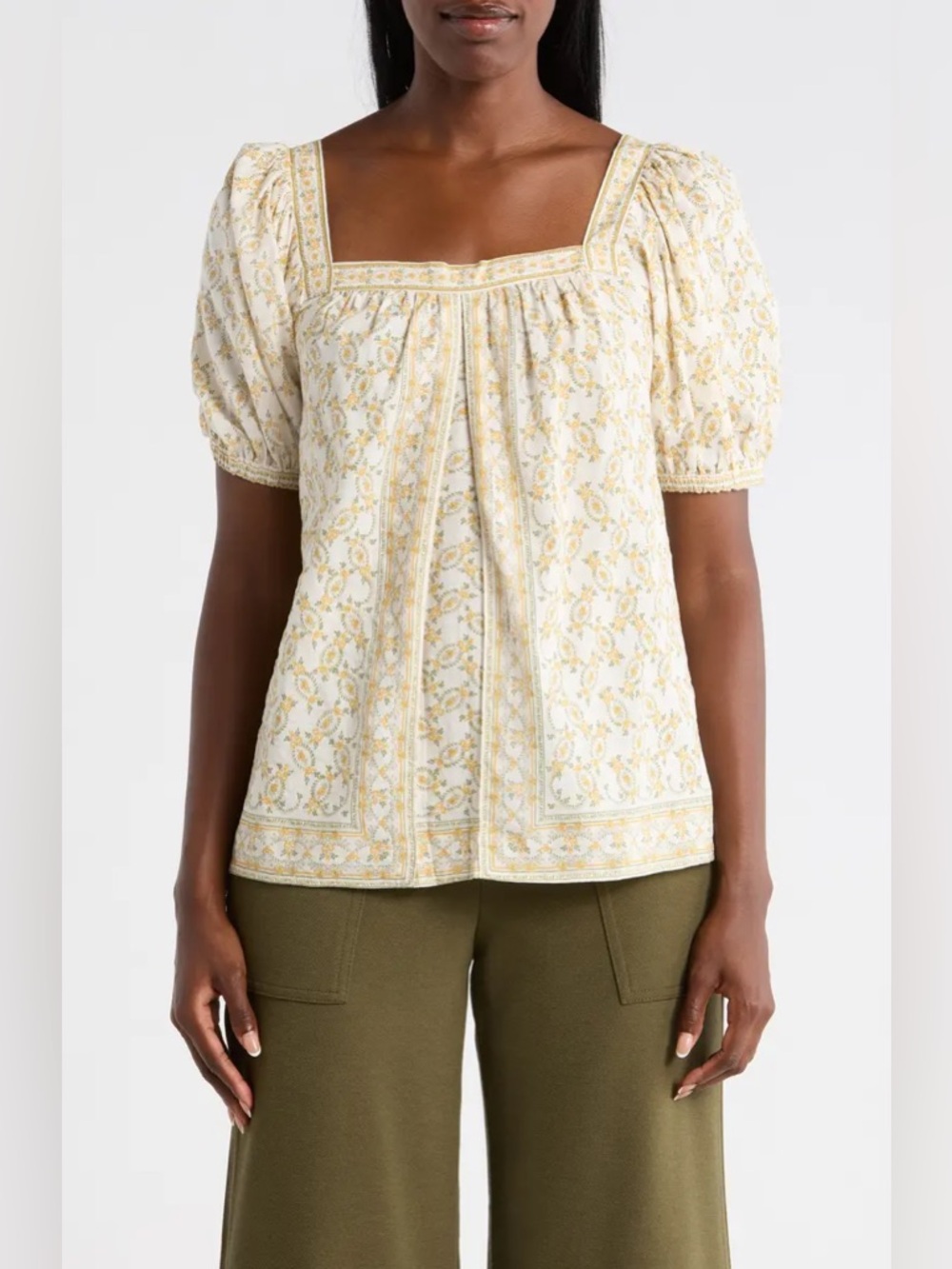 Max Studio Puff Sleeve Square Neck Top in Cream/ Gold Pretty Wealth NWT XS